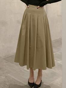 DAZY 时尚小众高腰显瘦法式复古A字百褶裙，女士款 - 卡其色 - 查看 3
