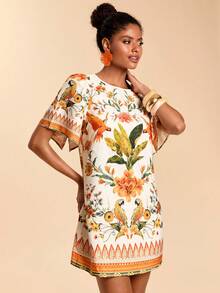 Travachic Tropical Print Round Neck Casual Vacation Short Sleeve Dress - Multicolor - View 3