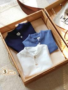 Vintaside Kids 3件套新生男婴休闲简约风蓝色柔软条纹质感短袖上衣，适合日常穿着，春夏款