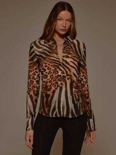 MUSERA Mixed Animal Print Mesh Cinched Waist Fitted Long Sleeve Shirt Co-Ord Top Only Valentines Sexy Cute Party Romantic Night Out Occasion Winter Vacation