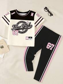 SHEIN 2pcs/Set Young Girls New York 67 Badge Striped Patchwork Slogan T-Shirt And Leggings Outfit,Summer,School,Sport,Back-To-School Fashionable Kids Sets - Multicolor - View 4