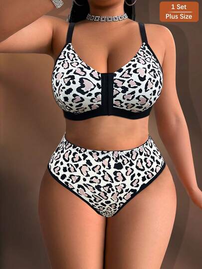 Set de 2 piezas de sujetador y pantie con cierre frontal sin aros y estampado de leopardo para tallas grandes