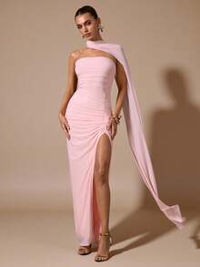 SHEIN BAE 纯粉色无肩带无袖修身褶皱优雅高开衩长裙，适合浪漫约会、派对、正式聚会、伴娘礼服、女士夏季连衣裙、下午茶派对连衣裙、新年、情人节、生日礼服、粉色连衣裙、休闲连衣裙、夏季连衣裙 - 粉色 - 查看 4