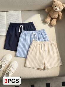 SHEIN Playful Pals 3pcs/Set Baby Boys' Casual Khaki Striped Shorts Set, Summer, Black & White Stripe, Solid Color Shorts, Summer Essentials For Daily Wear, Vacation & Outings, Baby Clothes Baby Boys Outfit,Baby Summer Shorts Baby Boy Shorts Pack 3 Piece Baby Boy Shorts Toddler Striped Shorts Boys Checkered Shorts Baby Boy Striped Shorts Toddler Striped Shorts Baby Boy Plain Shorts - Multicolor - View 7