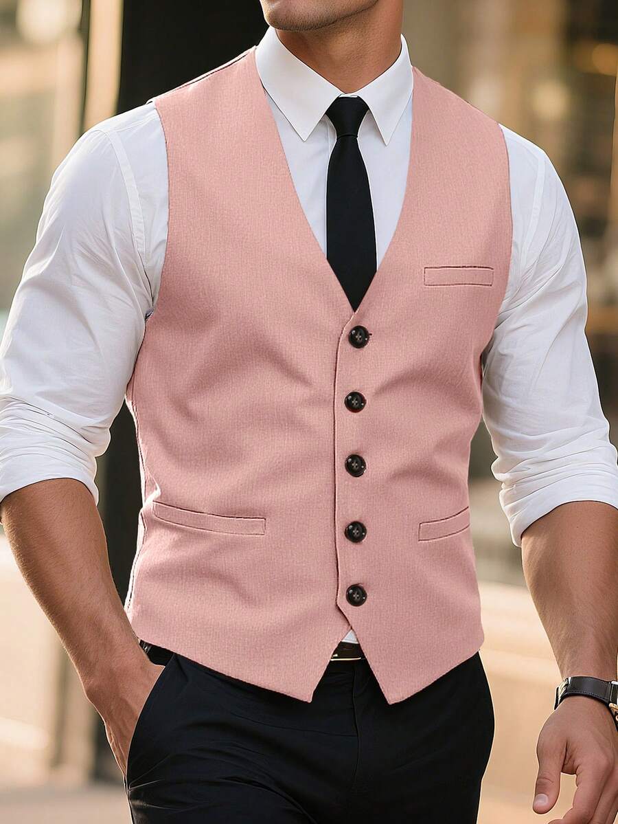 Manfinity Mode Áo vest công sở nam màu trơn, cài một hàng khuy, kiểu dáng thường ngày, thích hợp cho các chuyến công tác. - Hồng - Xem 1