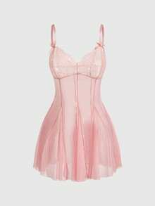 ROMWE Kawaii Conjunto de camisón de malla con adorno de encaje y tanga sexy y lindo - Rosa vieja - Ver 1