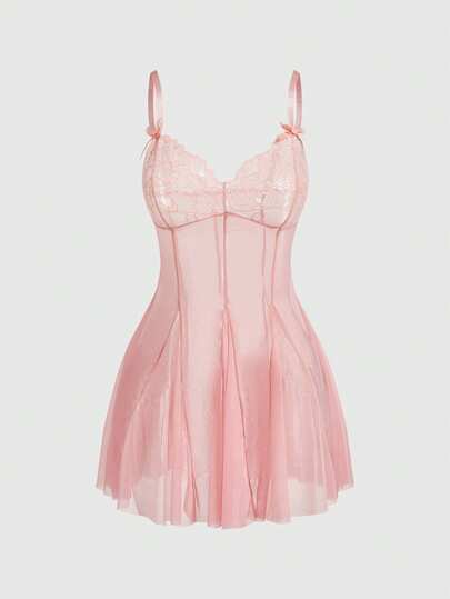 ROMWE Kawaii Conjunto de camisón de malla con adorno de encaje y tanga sexy y lindo