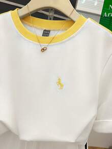 Everyssa 女士时尚休闲运动风刺绣撞色条纹圆领宽松T恤和高腰抽绳斜插口袋宽松休闲运动短裤两件套 - 彩色 - 查看 3