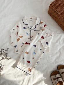 SHEIN 2件套男婴休闲可爱针织卡通恐龙图案长袖睡衣套装 - 彩色 - 查看 8