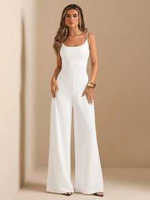 SHEIN BAE Bộ jumpsuit đen hở lưng, jumpsuit ống rộng hai dây gợi cảm dành cho nữ, trang phục thanh lịch để đi chơi hàng ngày, hẹn hò, dự tiệc. - trắng - Xem 4