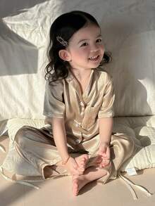 DAZY 2pcs Baby Girls Satin Korean Style Casual Long Sleeve Shirt And Pants Pajama Set - Champagne - View 3