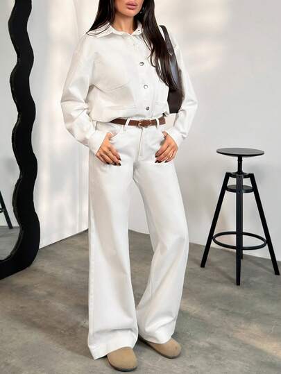 EURMUSE Women's Casual Fashion Street Style Everyday Commute Patchwork Pocket Denim Jacket And Wide Leg Jeans Set, Spring/Autumn White Pants Set Women White Outfit Linen Two Piece Set 2 Piece Casual Sets Woman White Pants Suit