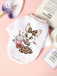 PETSIN 一件可爱豹纹连衣裙，兔子喝奶茶图案，爱心星星印花宠物，白色秋冬加厚保暖休闲宠物服装 - 白色 - 查看 1