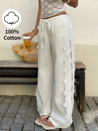 Sunnyshic Women's White Linen Fabric Side Hollow Lace Patchwork Low Waist Drawstring Tie Straight Leg Wide Leg Pants, Spring/Summer , Vacation, Casual, Retro, Minimalist, Suitable For Home And Daily Wear