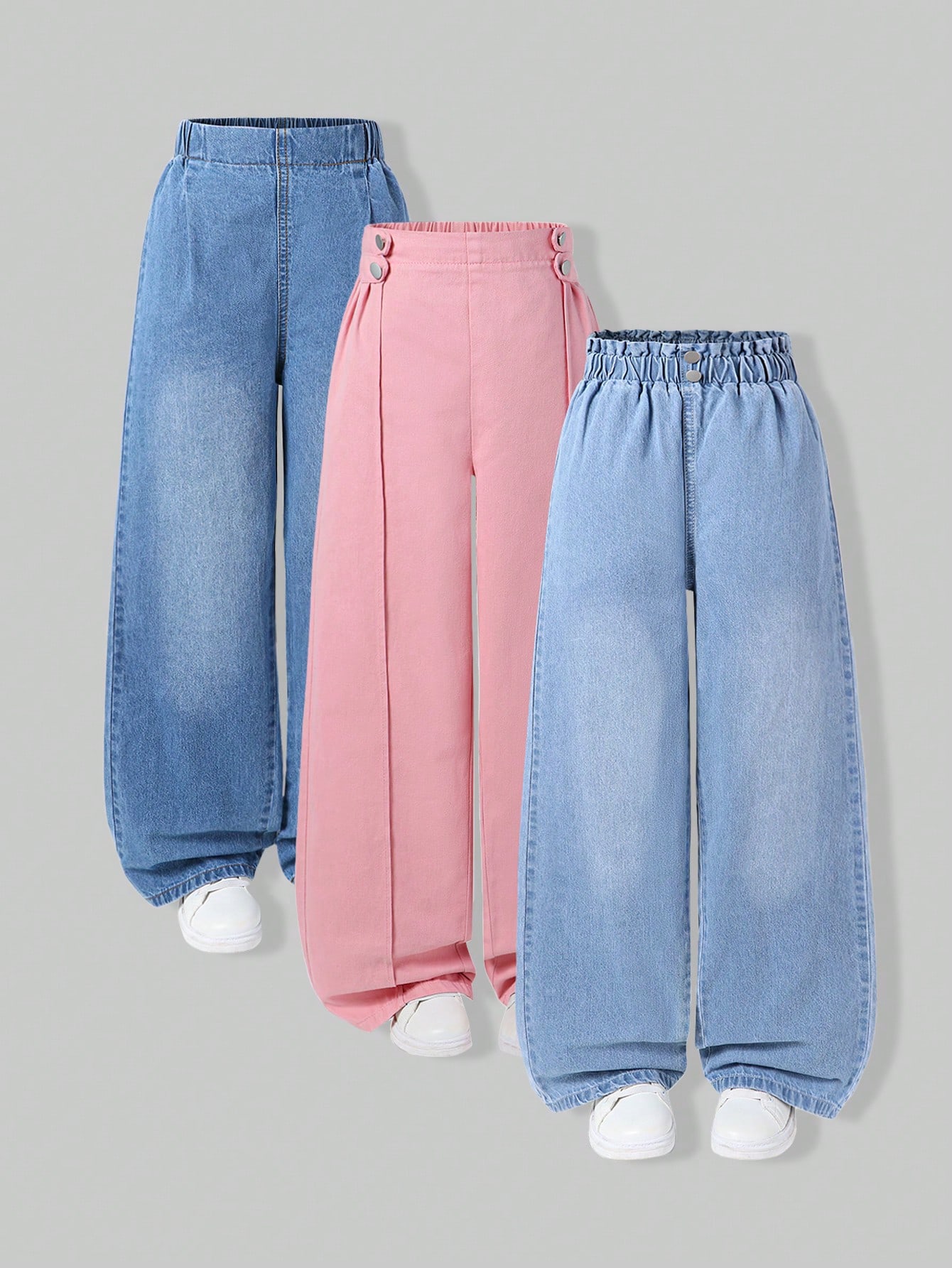 طقم 3 قطع جينز فضفاض بخصر مطاطي للفتيات