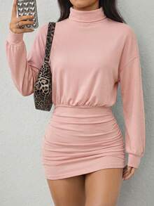 SHEIN PETITE Đầm ôm dáng xếp ly cổ cao, vai rớt - Hồng - Xem 6