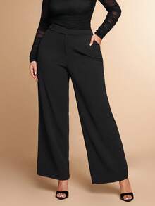 SHEIN BAE Quần tây nữ cỡ lớn màu đen, cạp lệch, cài nút, dáng suông, thích hợp đi chơi, hẹn hò, kiểu quần rộng thùng thình, quần ống rộng, dịp Giáng sinh, tôn dáng, bộ vest, thanh lịch. - màu đen - Xem 5