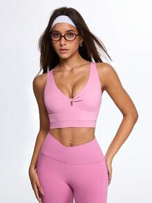 Slayform Women's Soft Pink V-Neck Twist Front Longline Sports Bra,Double Strappy Back Keyhole Yoga Top,Summer Athleisure Open Back Gym Workout Athletic Top - Pink - View 4