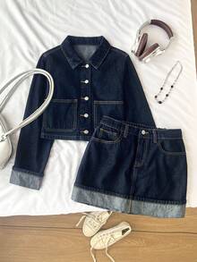 SHEIN 2pcs Set: Dark Blue Denim Cropped Jacket & Mini Skirt For Teenage Girls