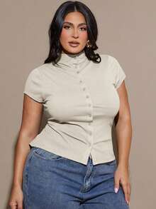 SHEIN BAE Plus Size Women's Solid Color Stand Collar Single-Breasted Casual Commuter Short Sleeve T-Shirt Plus Size Solid Color Ribbed Knit T Shirt - Apricot - View 4