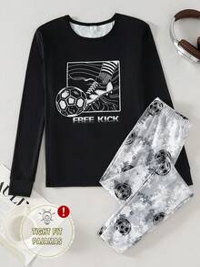 2件套青少年男童休闲舒适柔软亲肤酷炫涂鸦足球印花圆领长袖长裤针织弹力面料睡衣套装 - 彩色 - 查看 5