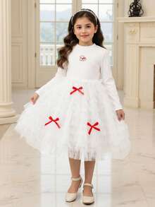Young Girl White Autumn Party Cartoon Embroidery Contrast Color Red Bows Sheer Mesh Layered Ruffle Hem Long Sleeve Church Children Dress - White - View 3