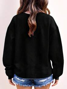 Plus Size Women's Casual Letter Printed Sweatshirt Pullover Fall & Winter - Black - View 2