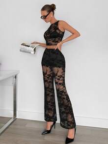 Siren Gaze Black Top + Pants Set Lace Blouse + High-Waisted Flare Lace Knit Pants, Women's 2-Piece Set Black Mesh Sheer Lace Jacquard Sexy Party Outfit For Women - Black - View 5