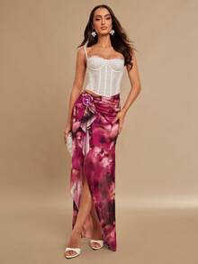 Silquee Women's 3D Orchid-Decorated Floral Print Midi Skirt,Deep Purple,Autumn,Elegant,Party Ruffled Hem Side Slit Long Vacation Skirt For Beach - Multicolor - View 4