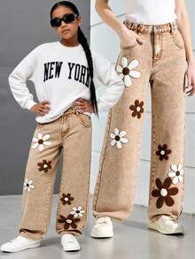 SHEIN ChillGRL Tween Girl New Fashion Snowflake Washed Distressed Embroidered Wide-Leg Jeans Kids Wide Leg Pants With Butterflies And Flowers 70s Kids Earthy Tween - Khaki - View 6