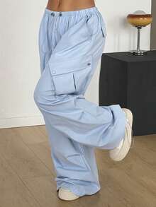 Muchica Women's New Elastic Waist Wide Pocket Loose Drawstring Ankle Length Pants - Blue - View 6