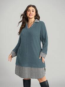 Comfylo Plus Size V-Neck 2 In 1 Long Sleeve Ribbed Casual Dress - Dusty Blue - View 3