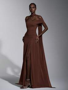 Elitara Elegant Gray Minimalist Off-Shoulder Ruched Asymmetric A-Line High Slit Dress, Suitable For Weddings, Formal Events, Galas, And Cocktail Parties - Brown - View 5