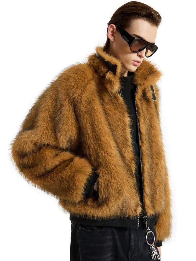 Men's Casual Long Sleeve Fluffy Zipper Jacket, For Fall Winter