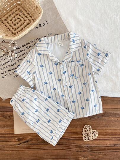 2pcs Toddler Girls' Cute Elegant Blue Bow & Striped Print Short Sleeve Top And Shorts Sleepwear Set,  Comfortable Kids Short Sleeve Summer Sets Summer Pajama Set Girl Short And Shirt Set