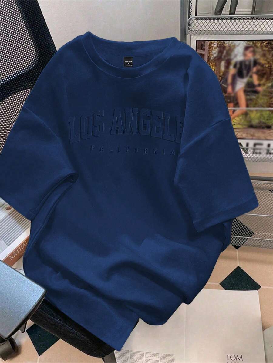 Manfinity Joysei Letter Embossed Navy Blue Slim Fit Men's T-Shirt - Navy Blue - View 1