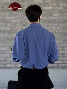 DAZY 男士纯蓝色长袖衬衫，春秋季 - 藍色 - 查看 5