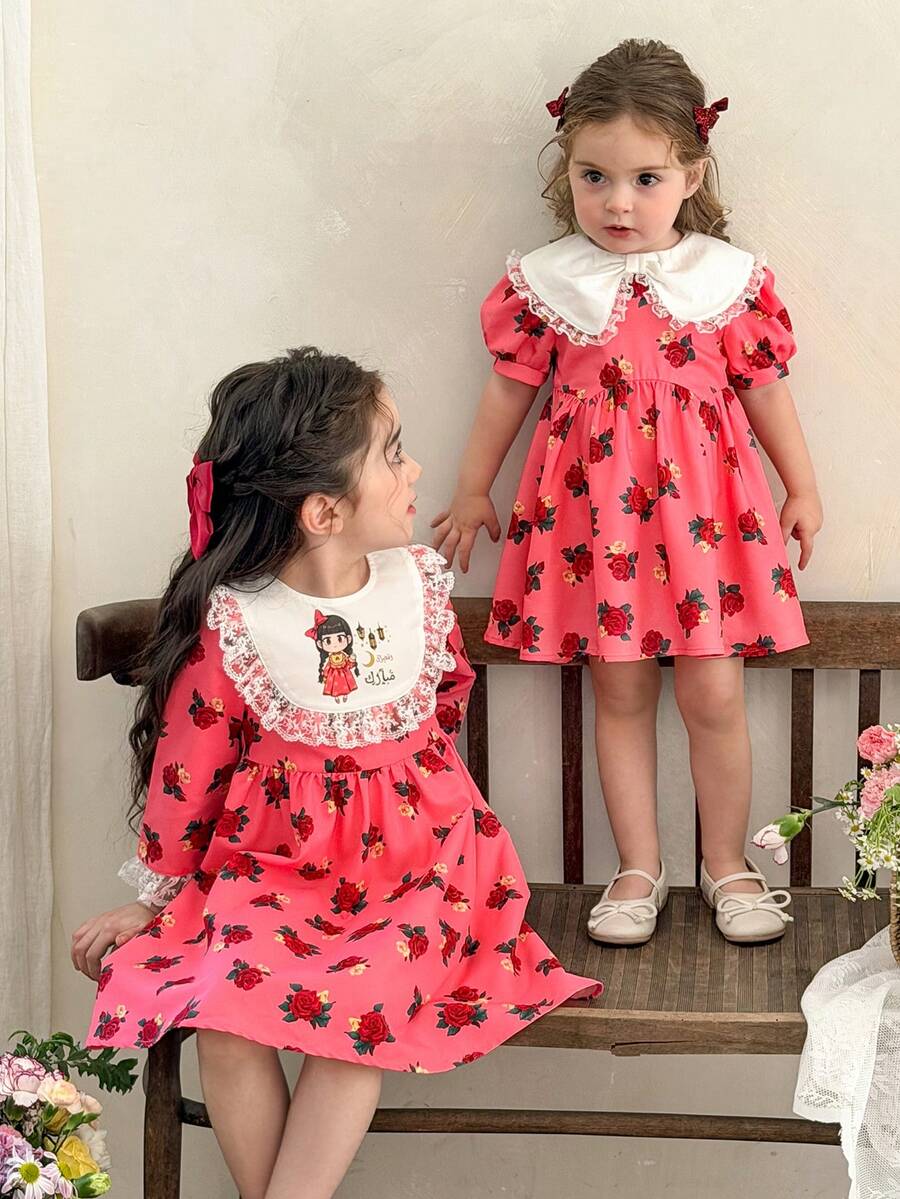 LMoss Kids 可爱玫瑰花卉图案彼得潘领连衣裙,适合女宝宝 - 紅色 - 查看 1