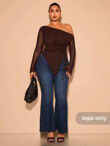 SHEIN BAE Plus Size Women Solid Asymmetric Shoulder Sleeveless Casual Form-Fitting Blouse - Coffee Brown - View 1