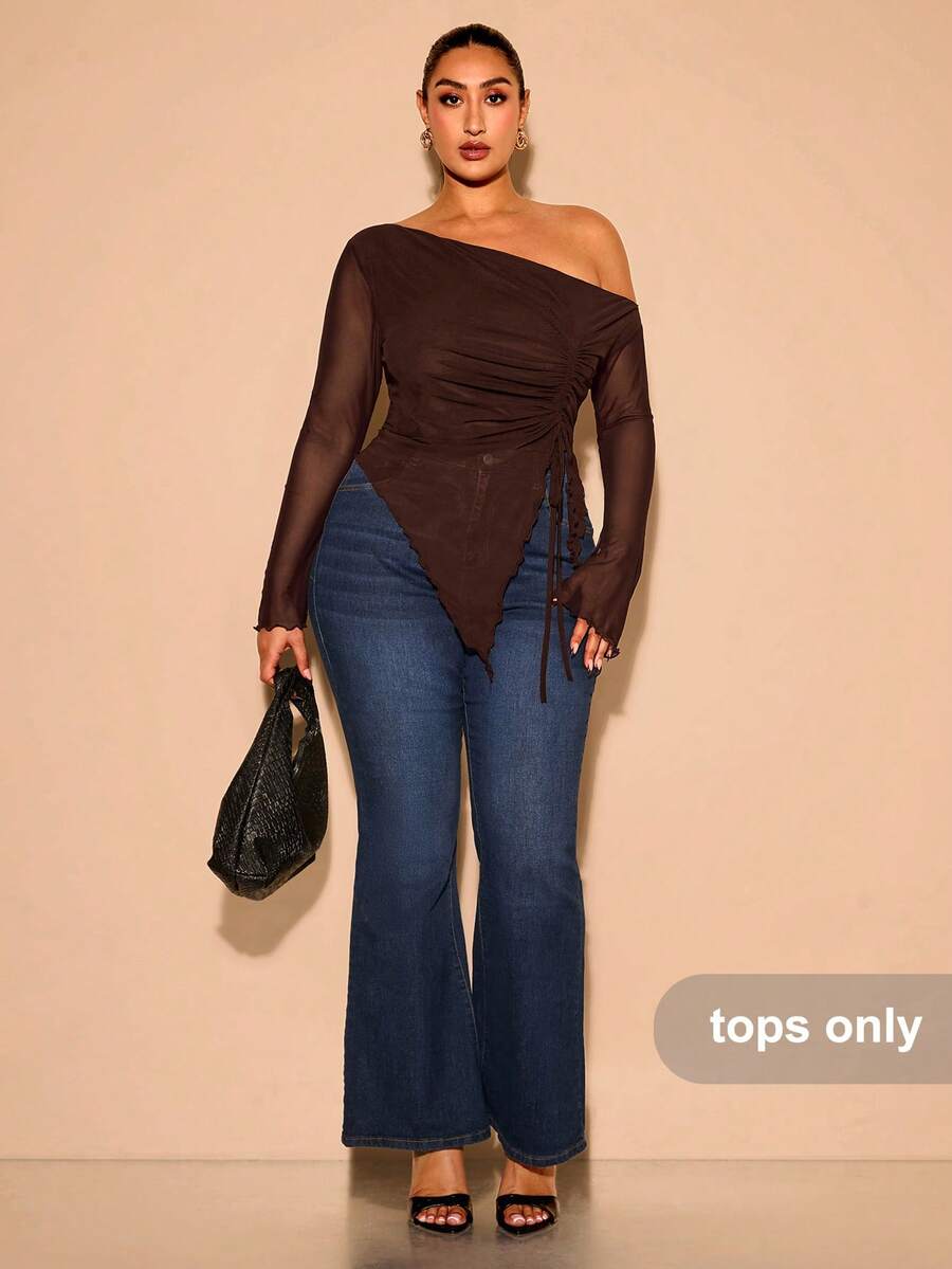 SHEIN BAE Plus Size Women Solid Asymmetric Shoulder Sleeveless Casual Form-Fitting Blouse - Coffee Brown - View 1