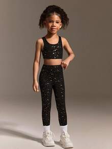 SHEIN Set de 2 piezas de top y leggings para niñas jóvenes, top de fitness de estiramiento alto en negro y pantalones de yoga ajustados con patrón de estrellas doradas brillantes, adecuado para entrenamiento, caminata al aire libre, trotar - Multicolor - Ver 5