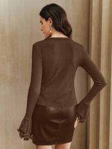 Anewsta Elegant & Chic Black Fitted Long Sleeve Ruffle Cuff Beaded T-Shirt For Women - Coffee Brown - View 7