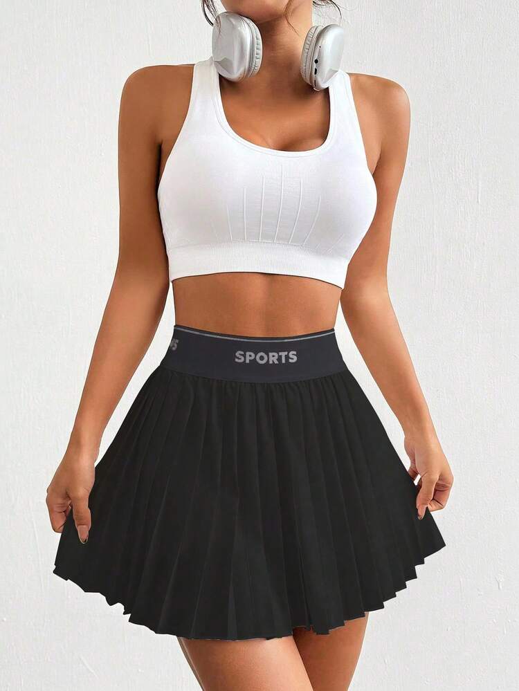 Velisys 两件套：休闲百搭纯色高弹字母松紧腰带储物短裤和褶裥短裙 - 彩色 - 查看 6