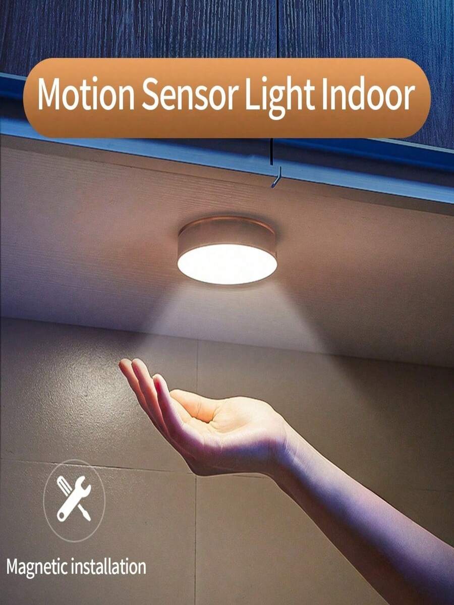 1Pc Indoor Motion Sensor Light, Chargeable LED Closet Light, Snowball Lamp With Magnet And Glue Tape, For Cabinet, Hallway, Stairs - White - View 1