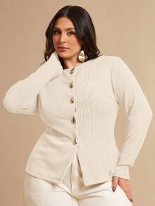 SHEIN BAE 大码女式纯色金属单排扣长袖休闲上衣 - 杏色 - 查看 4