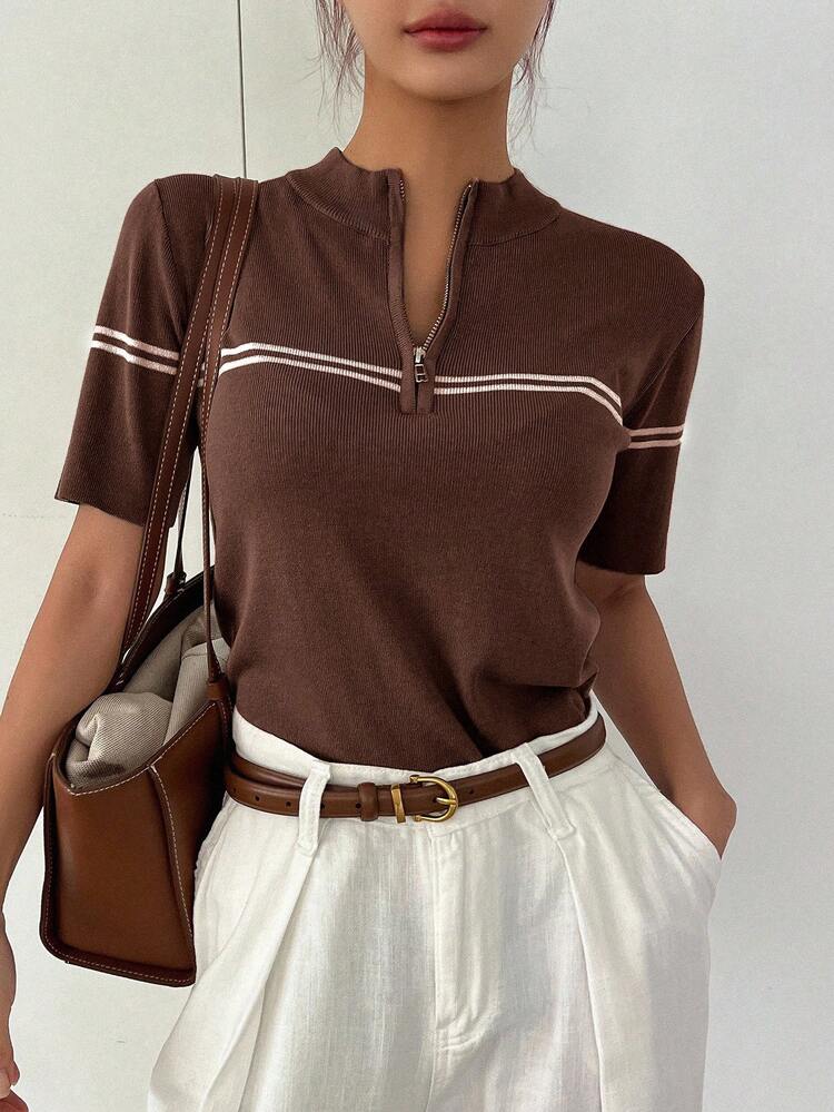 Spring & Summer Fashion Brown & White Striped Color Block Loose Casual Business Office Wear Polo Shirt Pullover Knit Top For Women