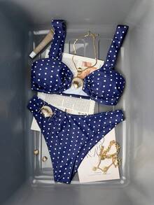 Bonvoyette Bộ 2 món bikini chấm bi đen trắng dáng cạp cao, đồ bơi đi biển cho nữ, bộ bikini màu xanh navy có đệm nâng ngực, bikini chấm bi, bikini họa tiết ngôi sao, đồ bơi chấm bi. - Màu xanh hải quân - Xem 2