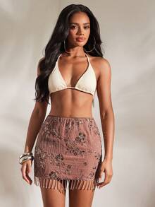 Opulessa Women's Dusty Pink Floral Sequin Tassel Hem Skirt,Elegant Wedding Guest,Birthday,Bar Party,Autumn,Spring Break,Summer,Valentine's Day,Beach,Vacation - Brown - View 3