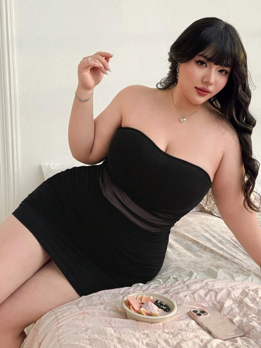 CovetEZ Plus Size Solid Color Mesh Patchwork Ruffle Fitted Mini Tube Dress, Spring/Summer - Black - View 1