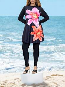 Swim Shayni 大码女式两件套长袖长裤印花布基尼套装 - 黑色 - 查看 6